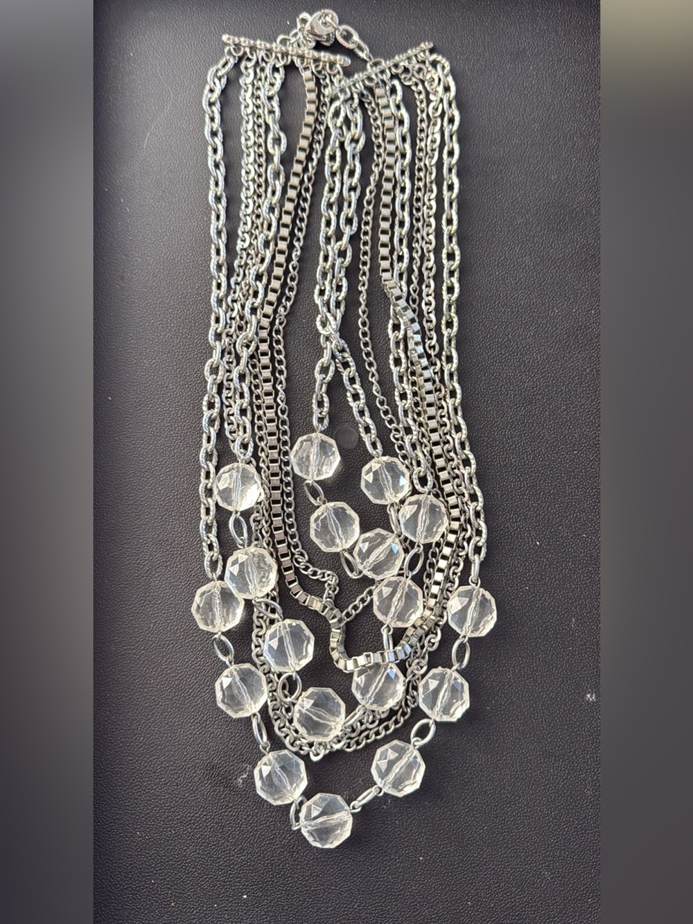 Multi-Strand Silver Chain Necklace with Clear Bead Accents